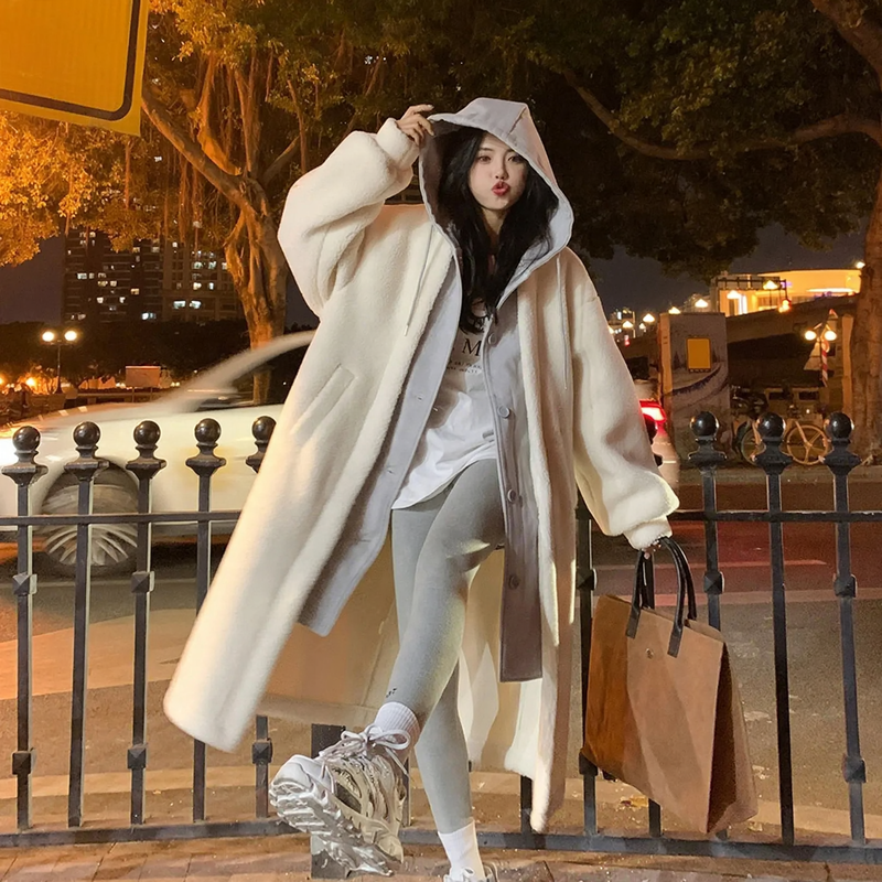 Lamb fleece hooded coat for women, long, loose fit