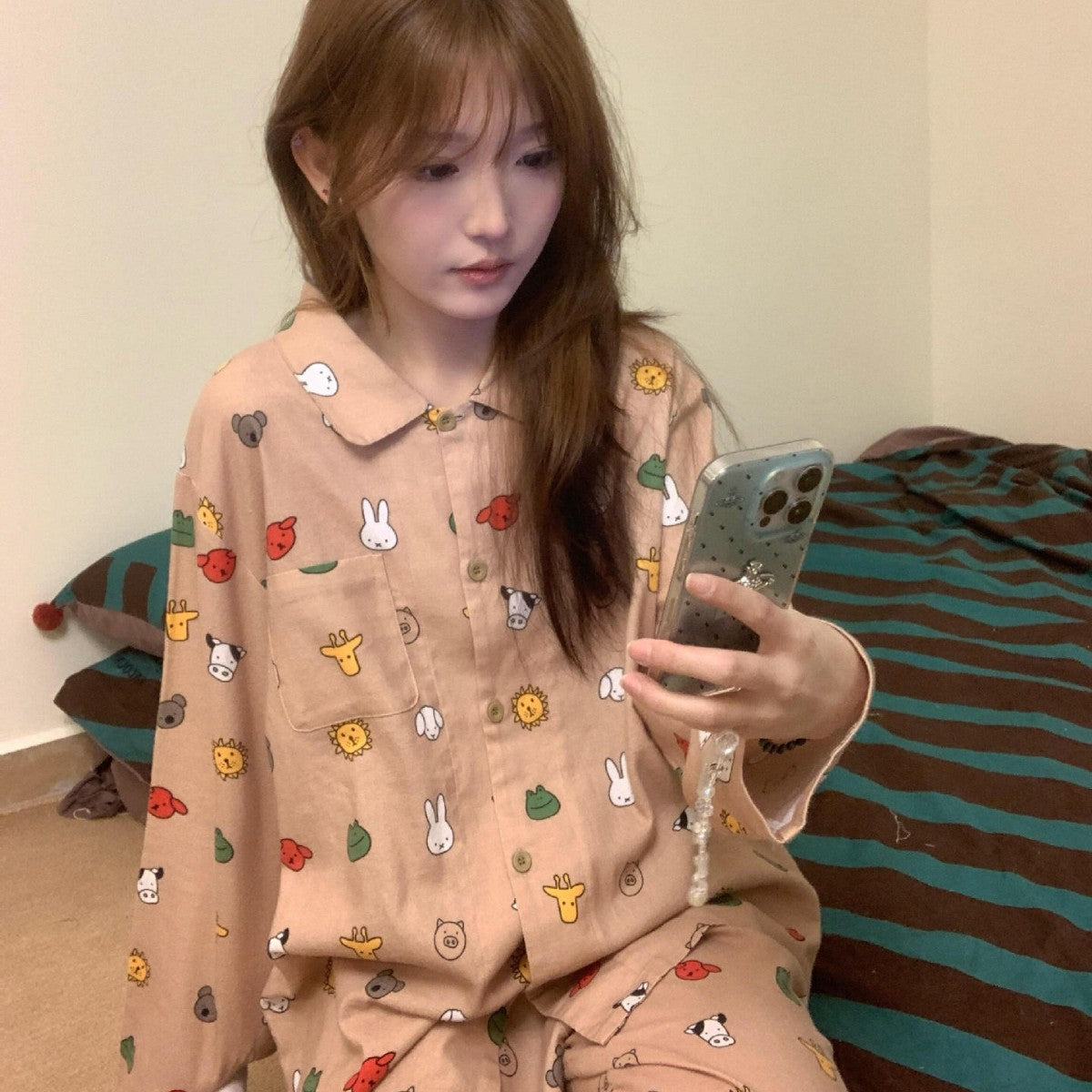 Cotton house suit, brushed, long, cartoon design