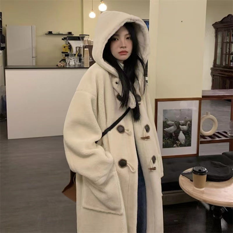 Long lamb fleece imitation coat with toggle buttons