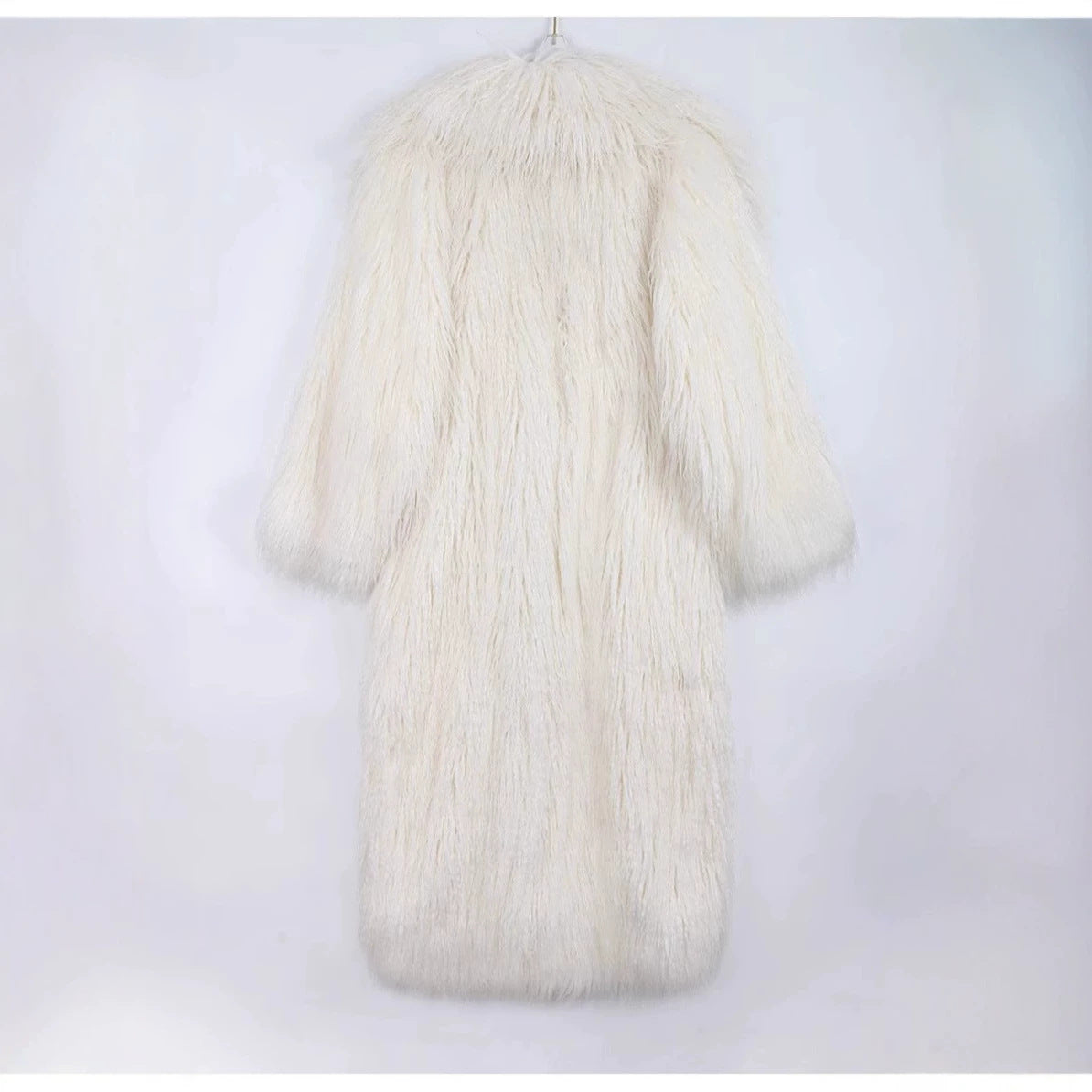 Long faux fur coat with tie belt and lapel collar