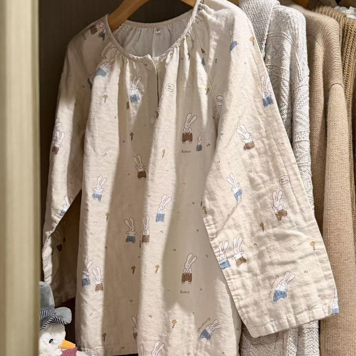 Cotton pajama set, double gauze, round neck, women