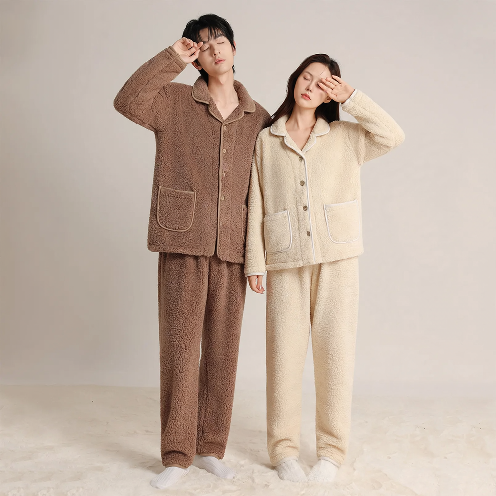 Warm coral fleece sleepwear set for couples with pockets