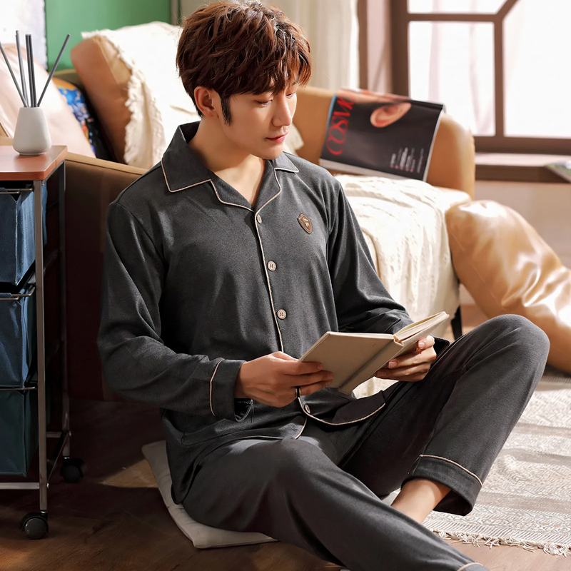 Men's Pajama Set, Cotton, Long Sleeve, with Button Placket