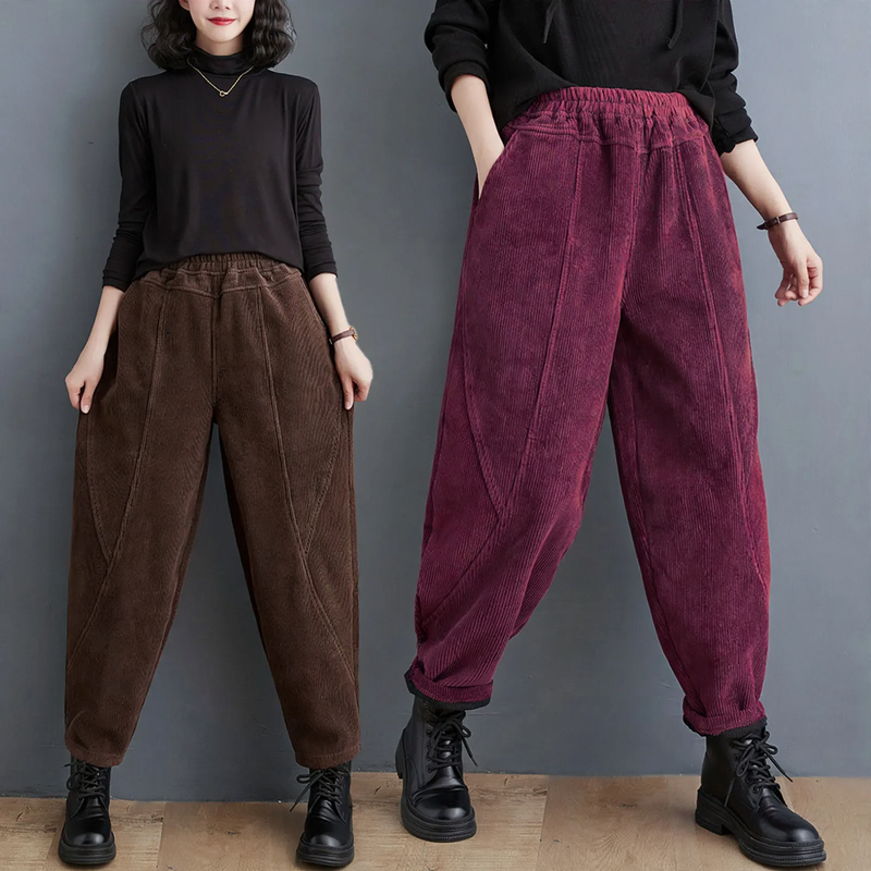 Padded women's corduroy trousers, carrot shape, plus sizes