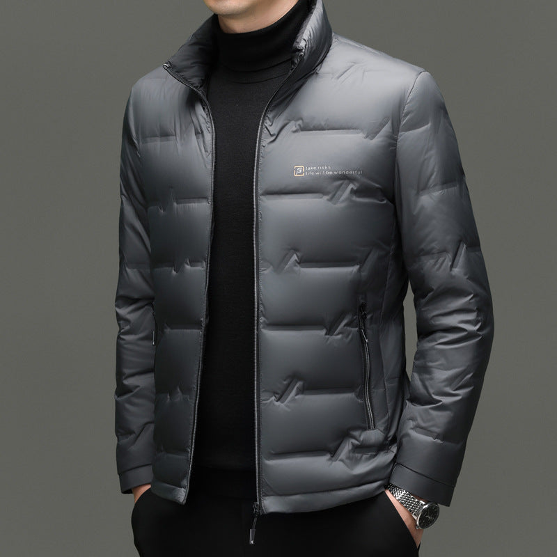 Light men's down jacket with stand-up collar