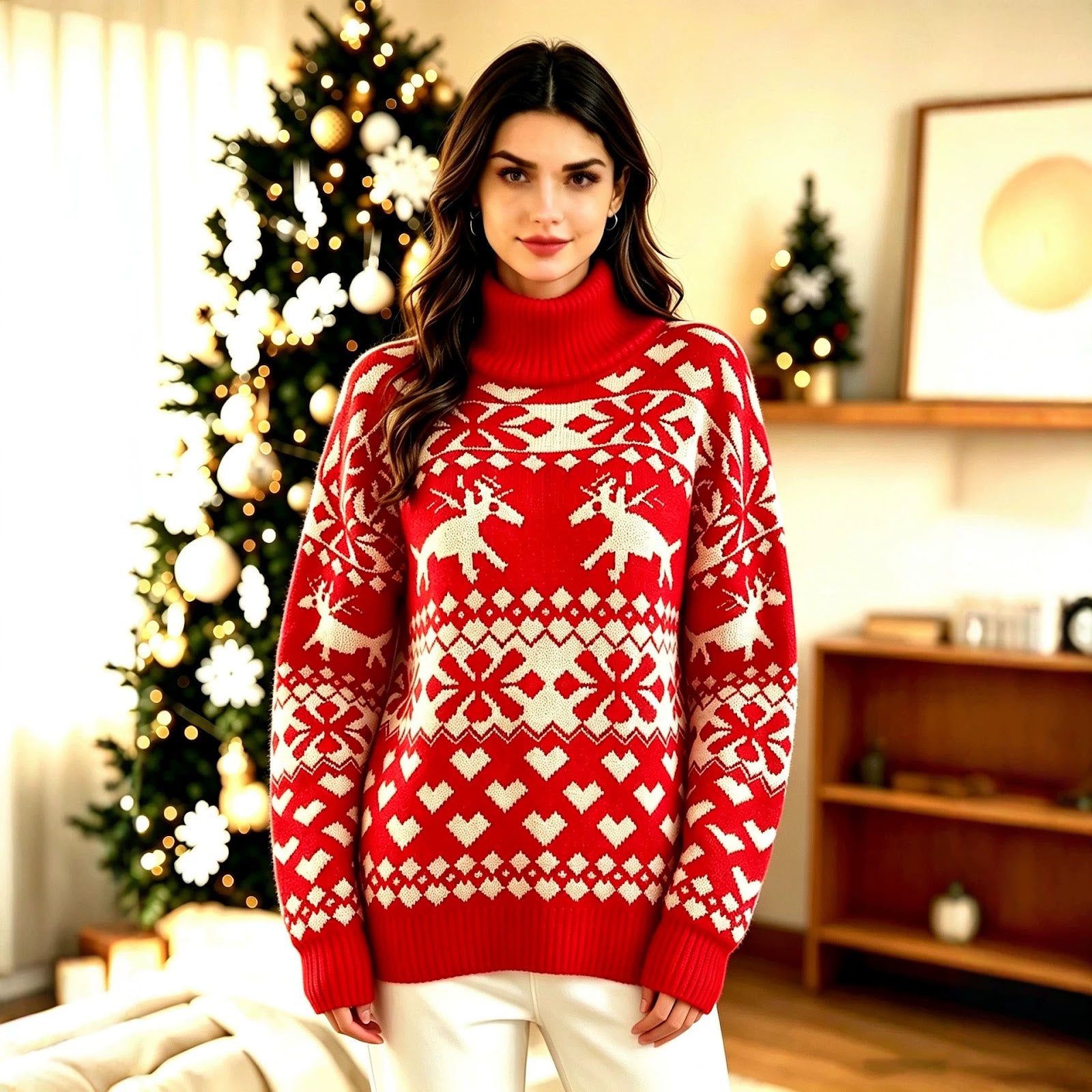 Rotating women's Christmas sweater with reindeer jacquard