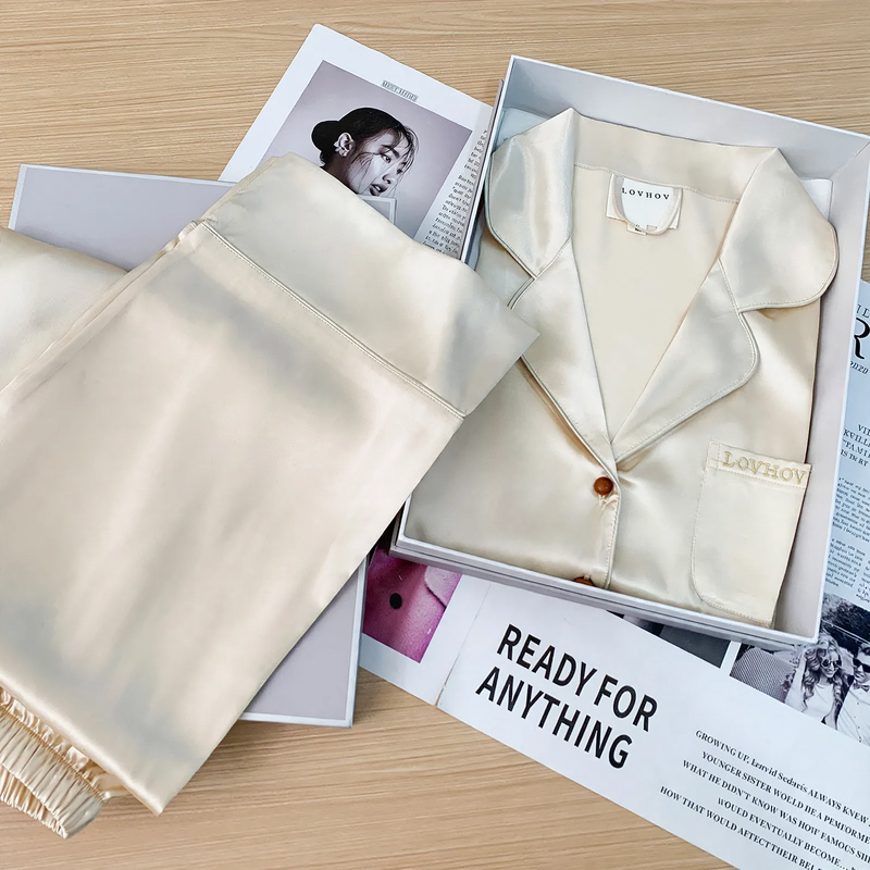French Women's Pajama Set made of Ice Silk, Long Sleeves