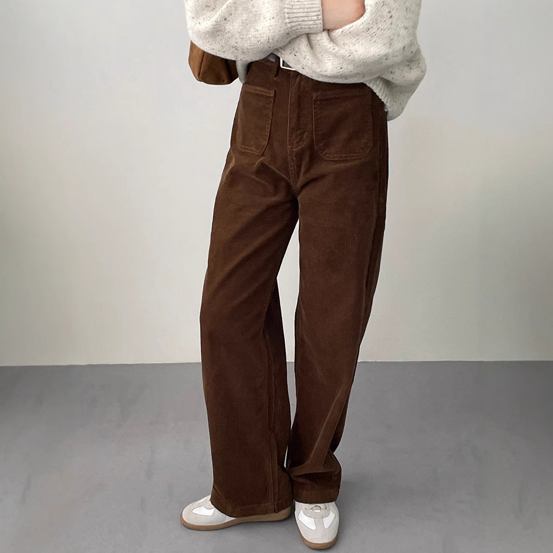 Kord-wide trousers for women with pockets, high-waisted