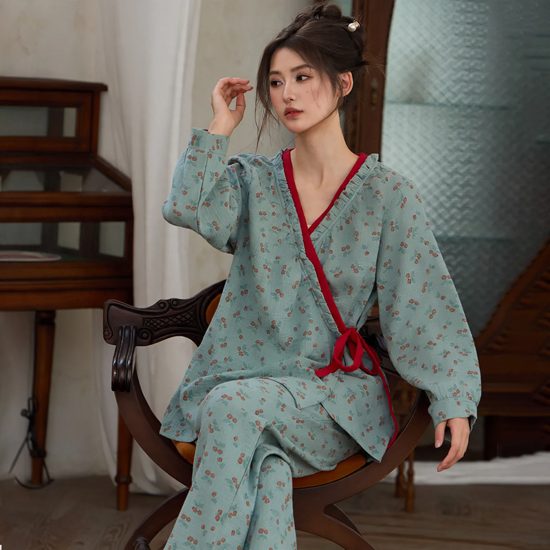Women's Pajama Set in Kimono Style with Floral Pattern