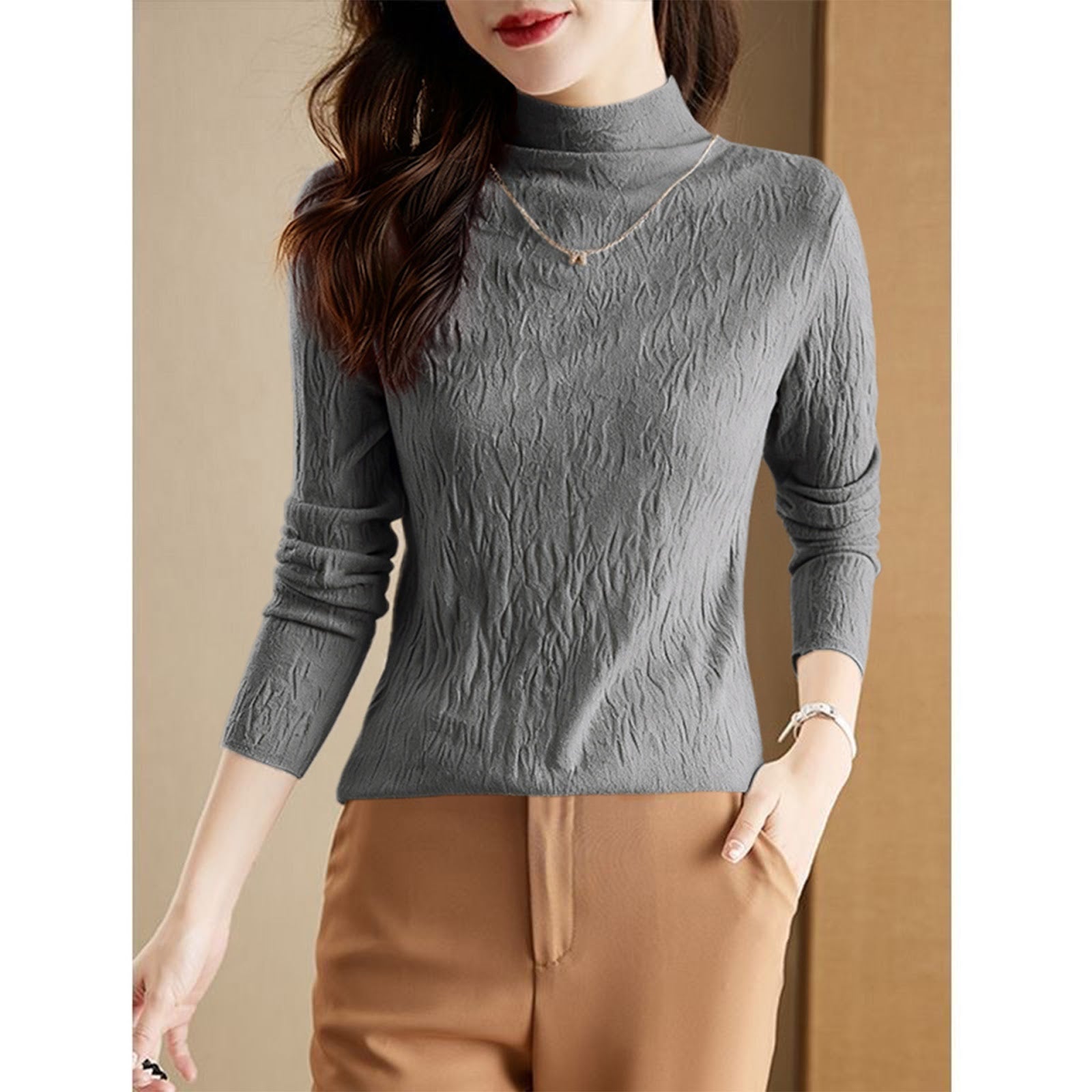 Women's wool sweater with stand-up collar, textured