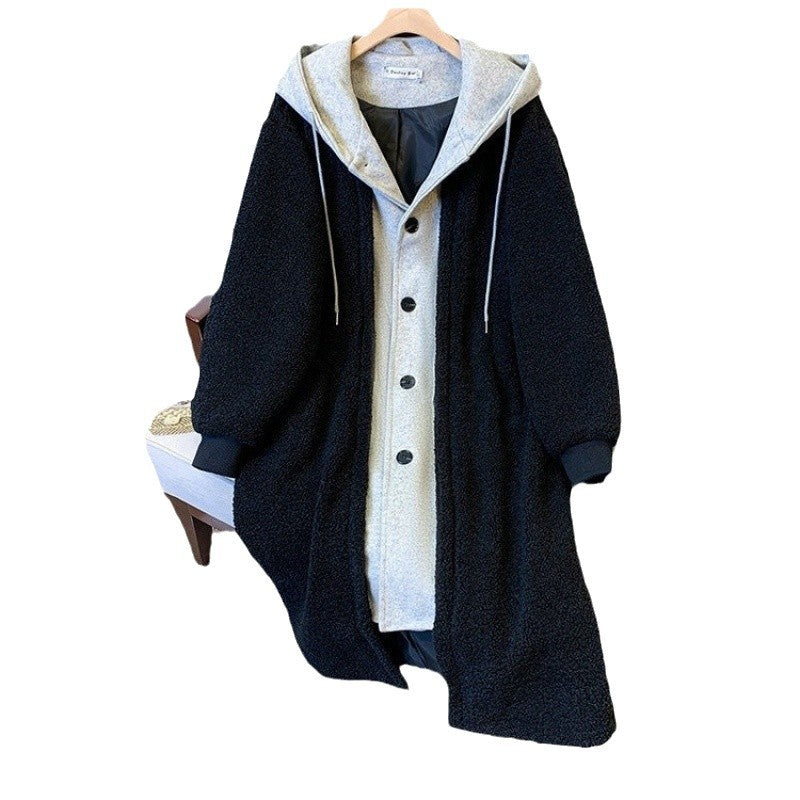 Lamb fleece imitation hooded jacket, mid-length, padded