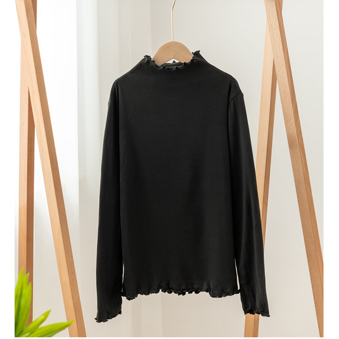 Ladies' Long Sleeve Shirt with Stand Collar and Ruffle Edge