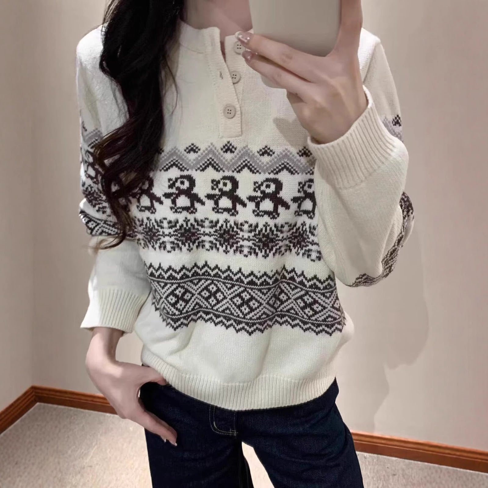 Unisex knitted sweater with fair isle pattern and button placket