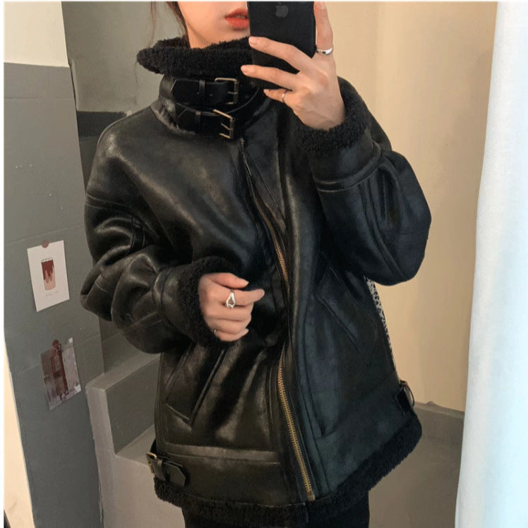 Women’s lambskin imitation jacket in biker style