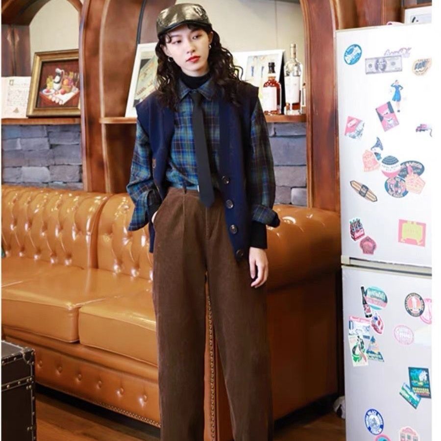 Cord pants with vertical stripe pattern, high waisted