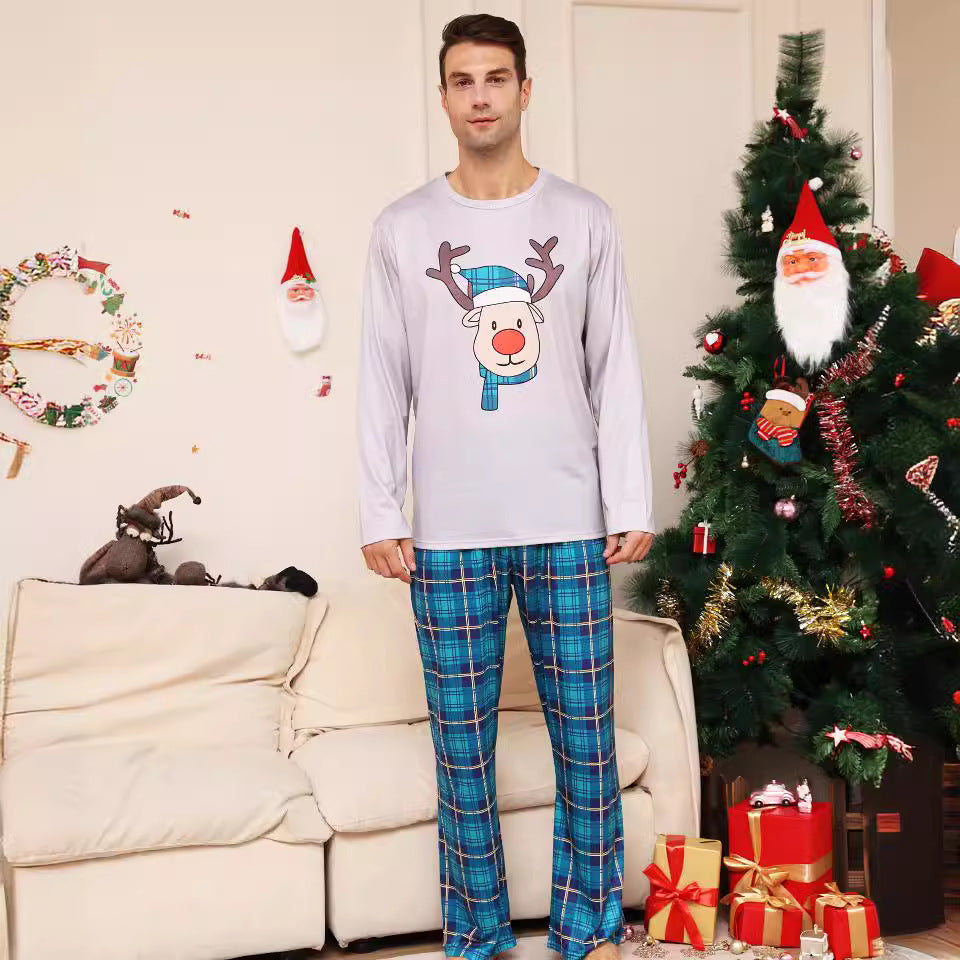 Christmas Pajama Set for Families, checked with reindeer motif