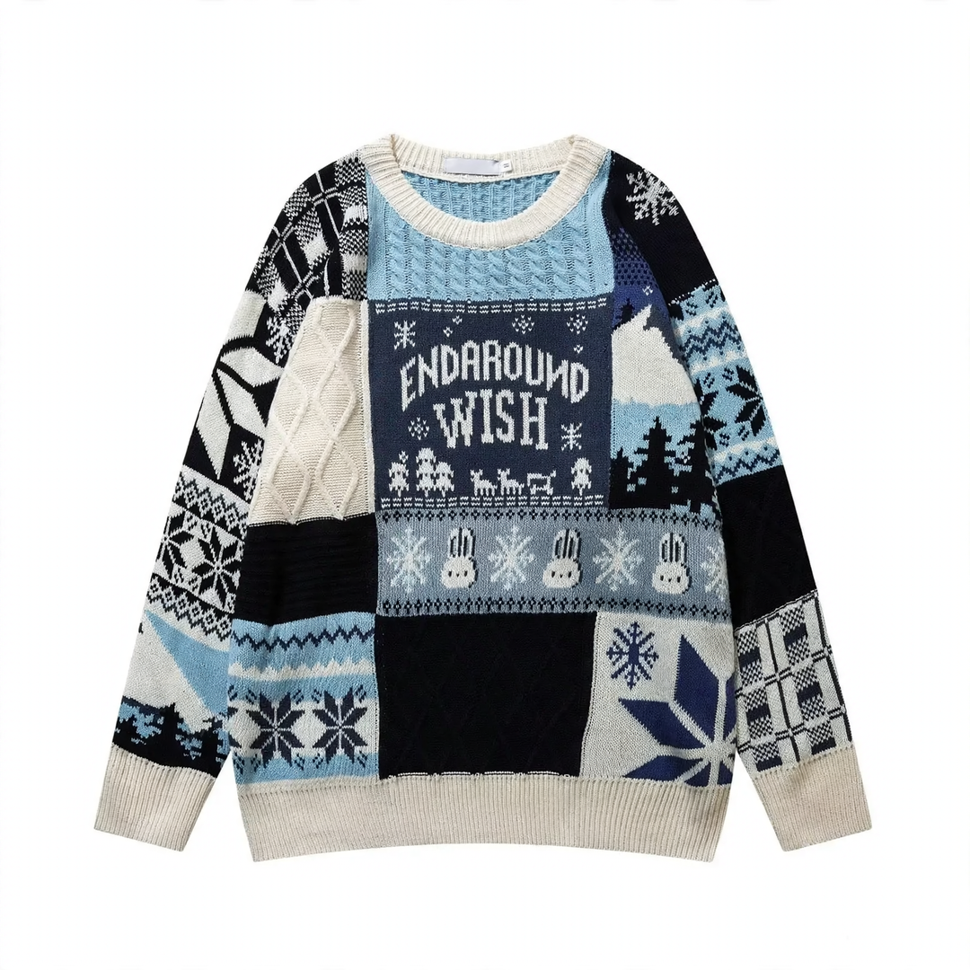 Retro knitted sweater with cable pattern and rabbit application