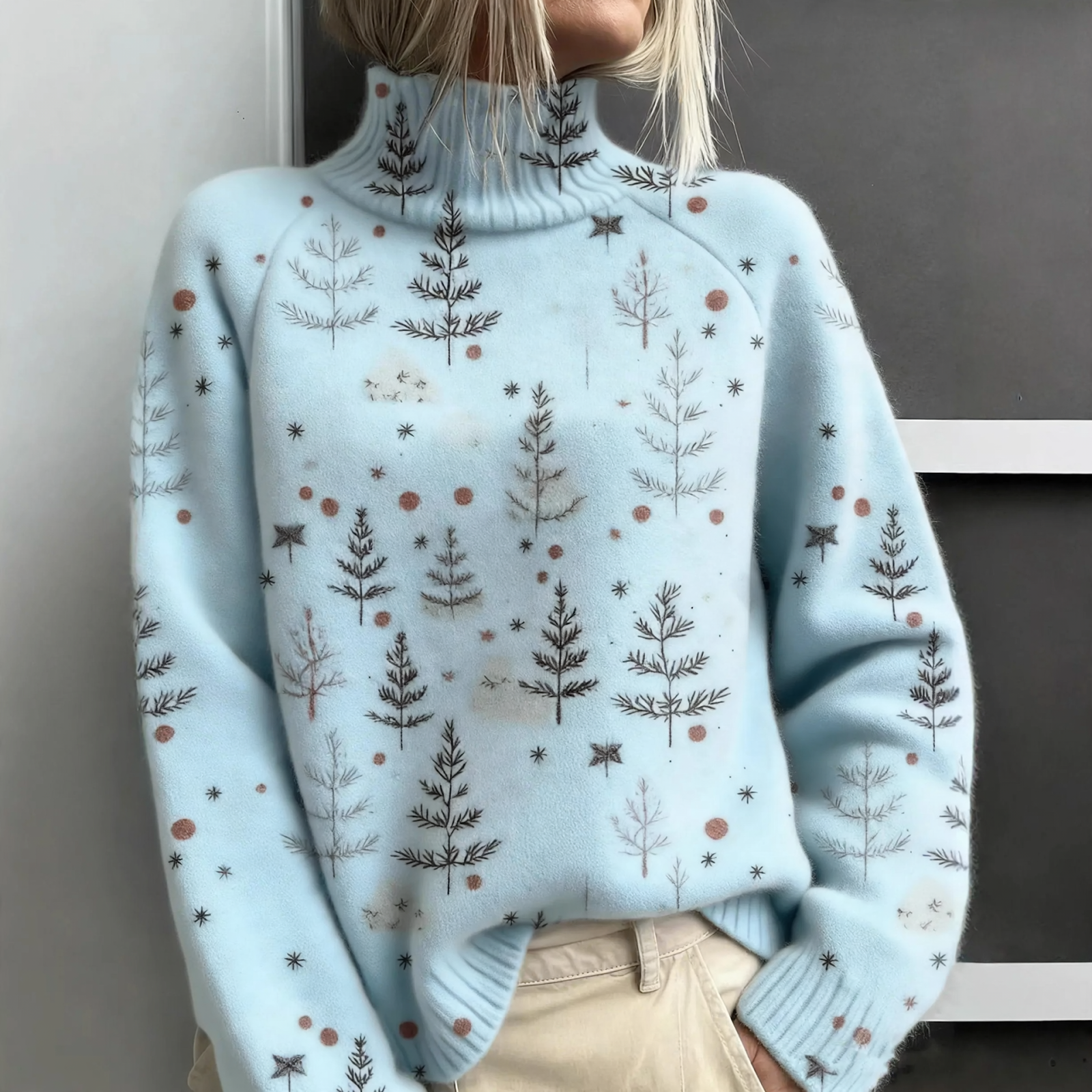 Loose women's sweater with turtleneck and Christmas print