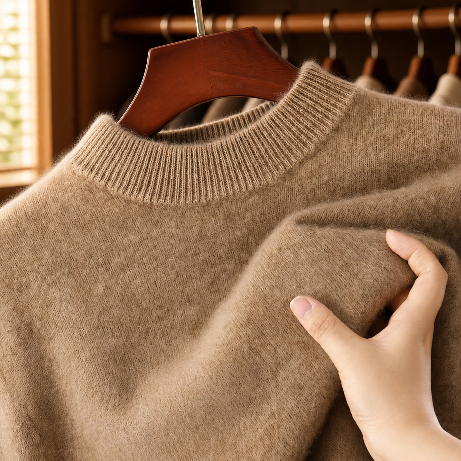 Men's wool pullover, stand-up collar, loose fit
