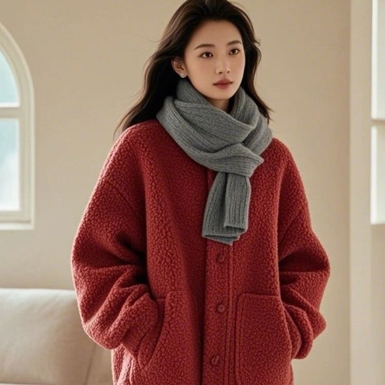 Lambswool Coat for Women, Loose Fit