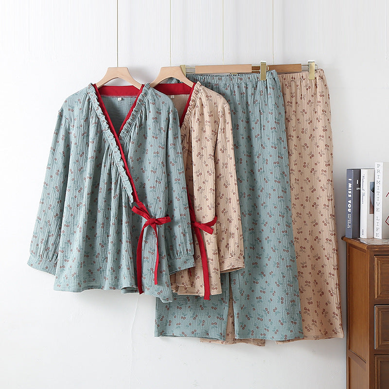 Women's Pajama Set in Kimono Style with Floral Pattern