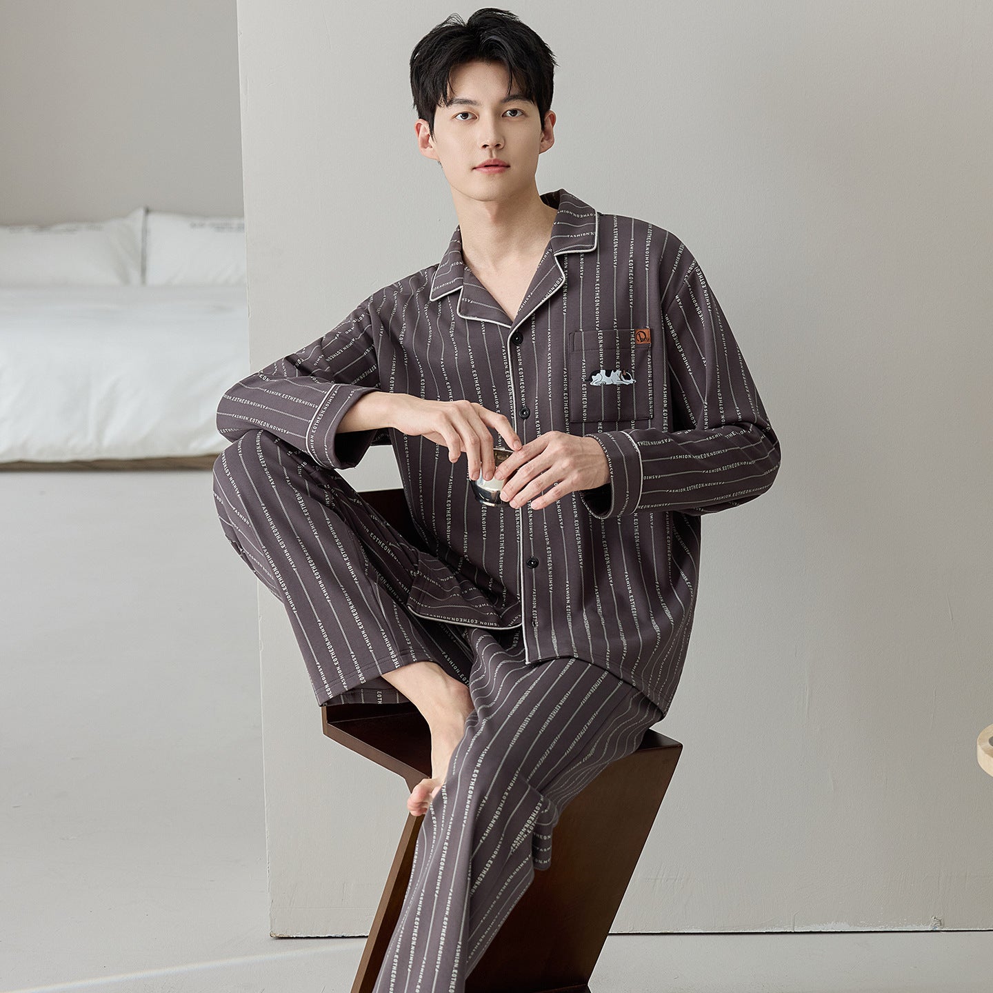 Men's Pajama Set, Cotton, Striped/Checkered, Long Sleeve