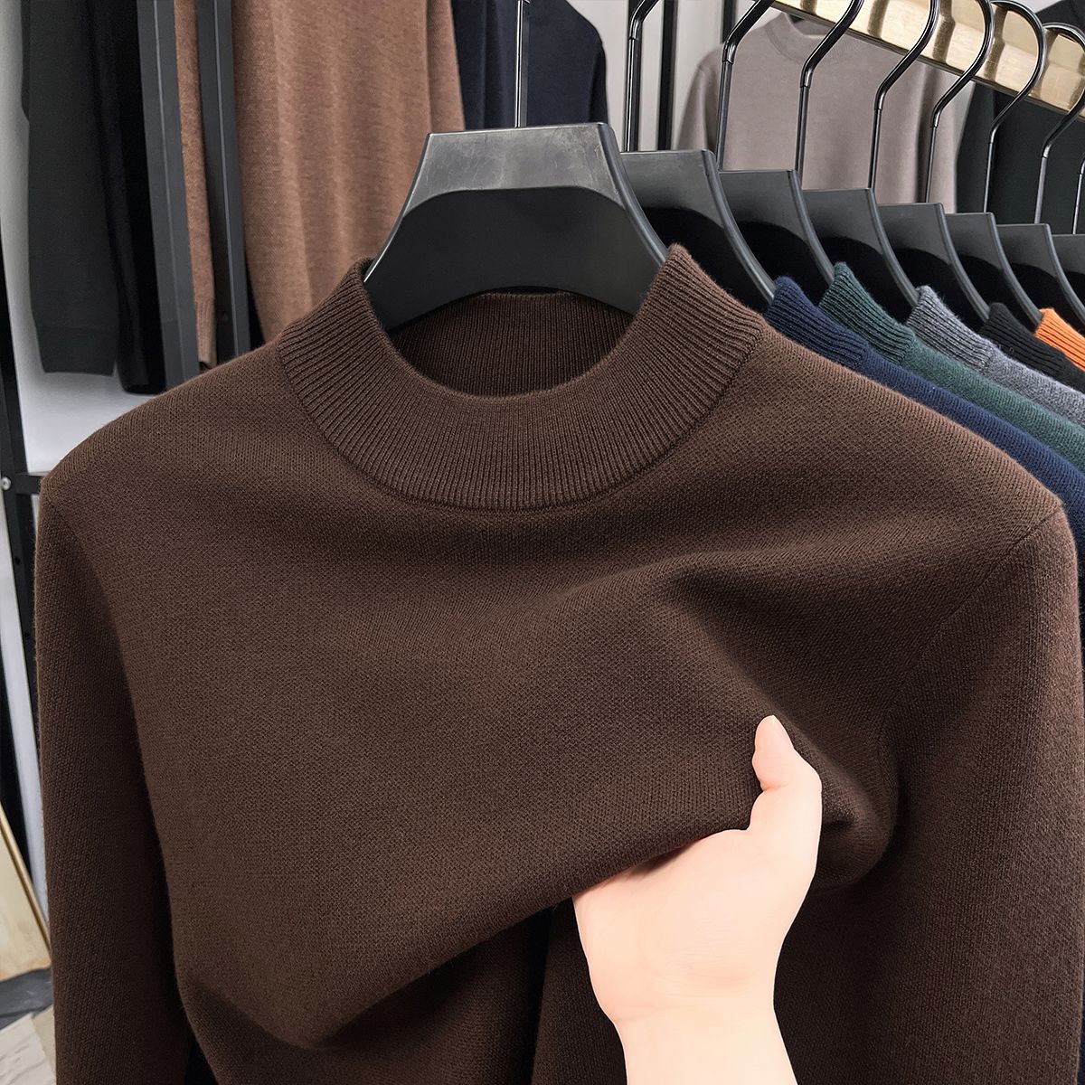 Men's wool pullover, stand-up collar, lined