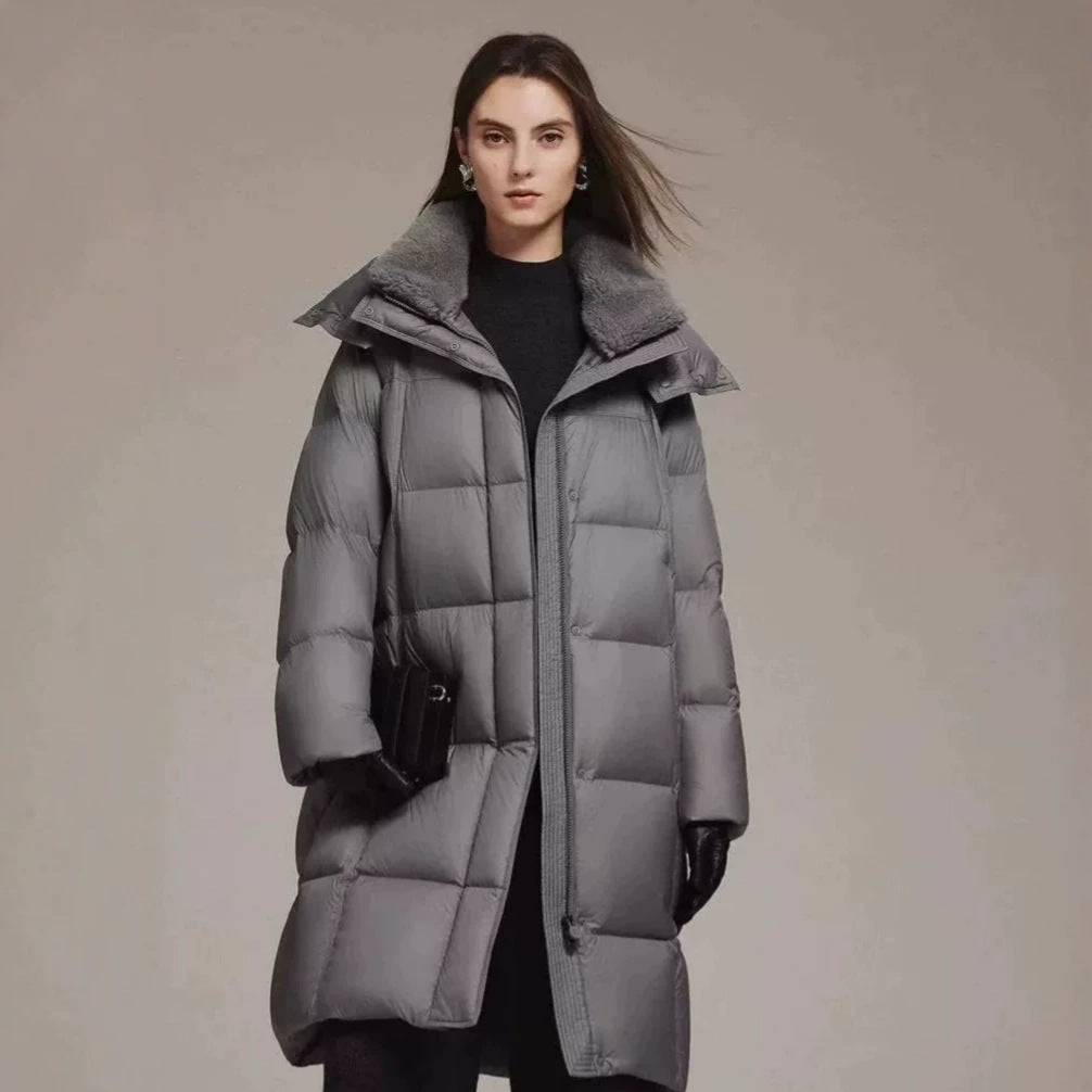 Women’s down coat, mid-length, with lamb fur collar