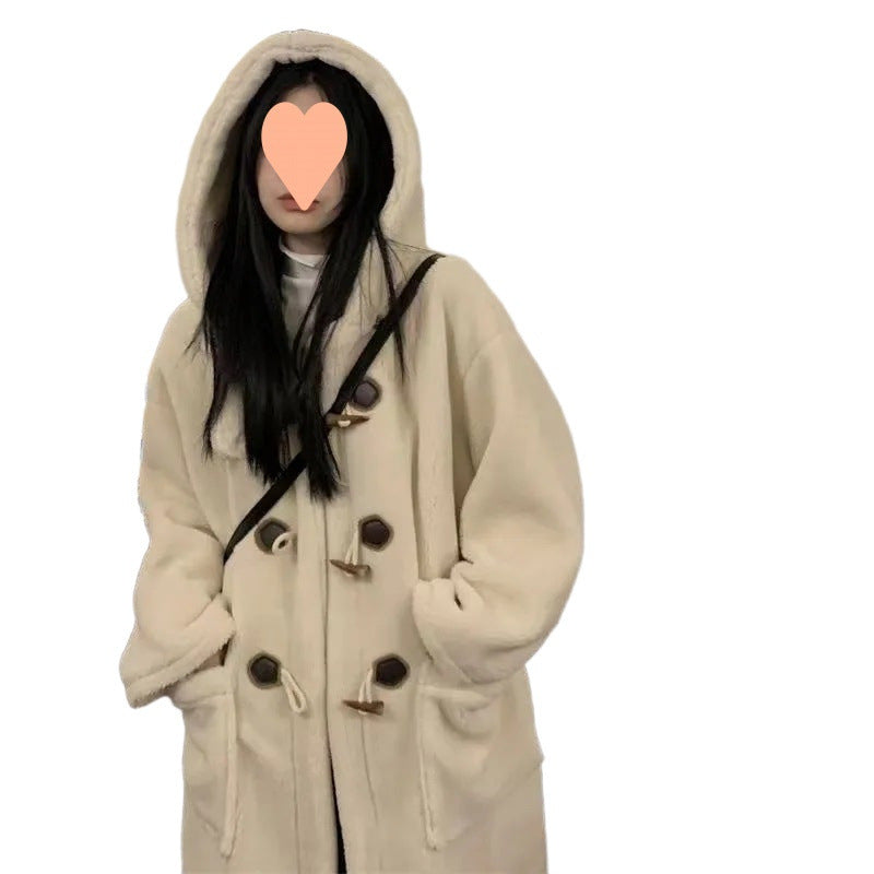 Lamb fleece coat, long, with toggle buttons and hood