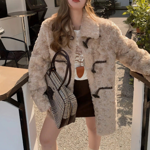 Loose faux fur coat with toggle buttons