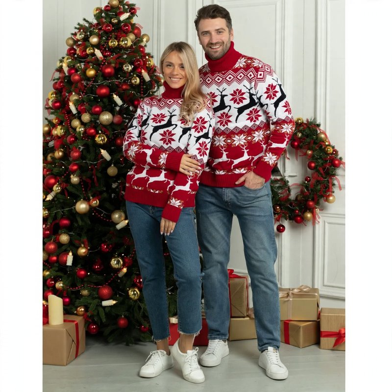 Unisex Christmas sweater with reindeer jacquard and roll neck