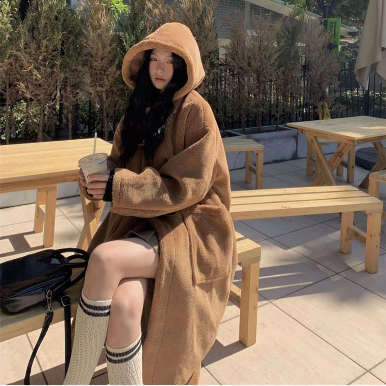 Long lamb fleece imitation coat with toggle buttons