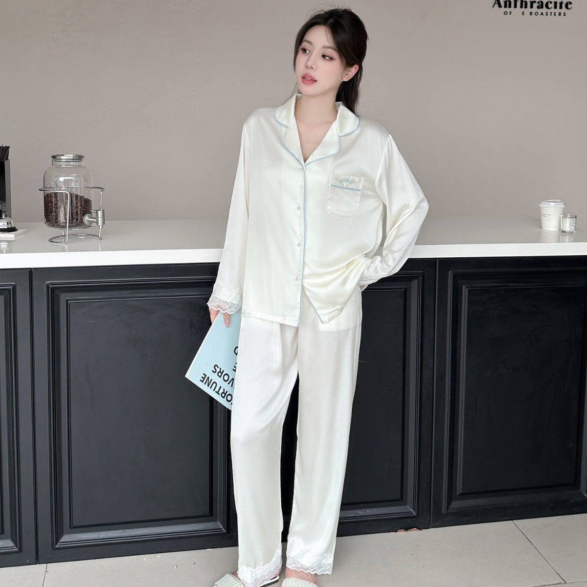 Ladies' sleepwear made of ice silk with lace trim