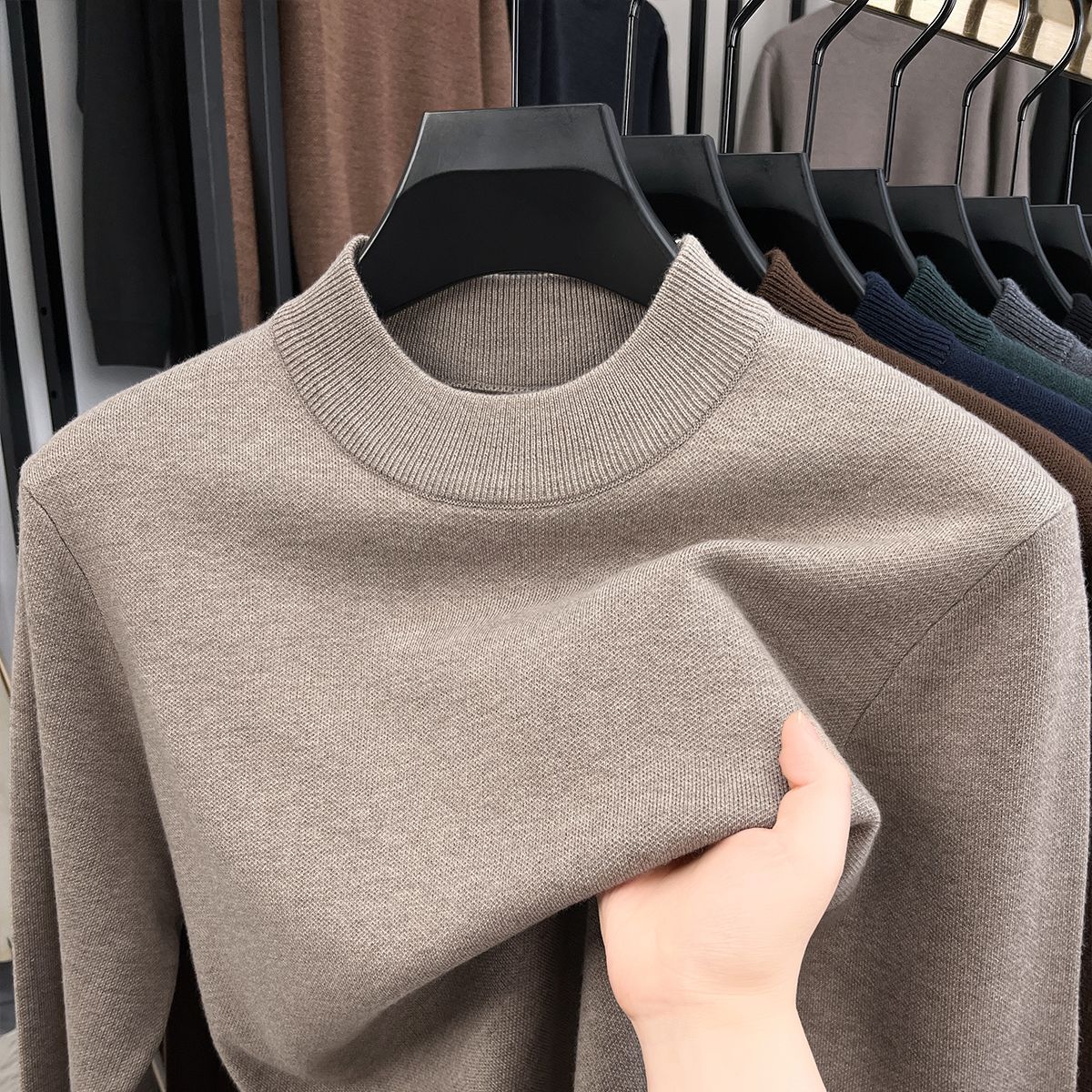 Men's wool pullover, stand-up collar, lined