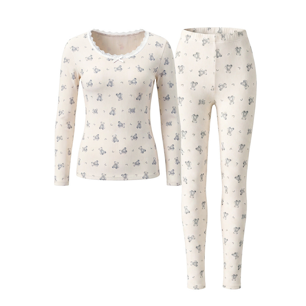 Women's Thermal Set, Cotton, Crew Neck, Printed
