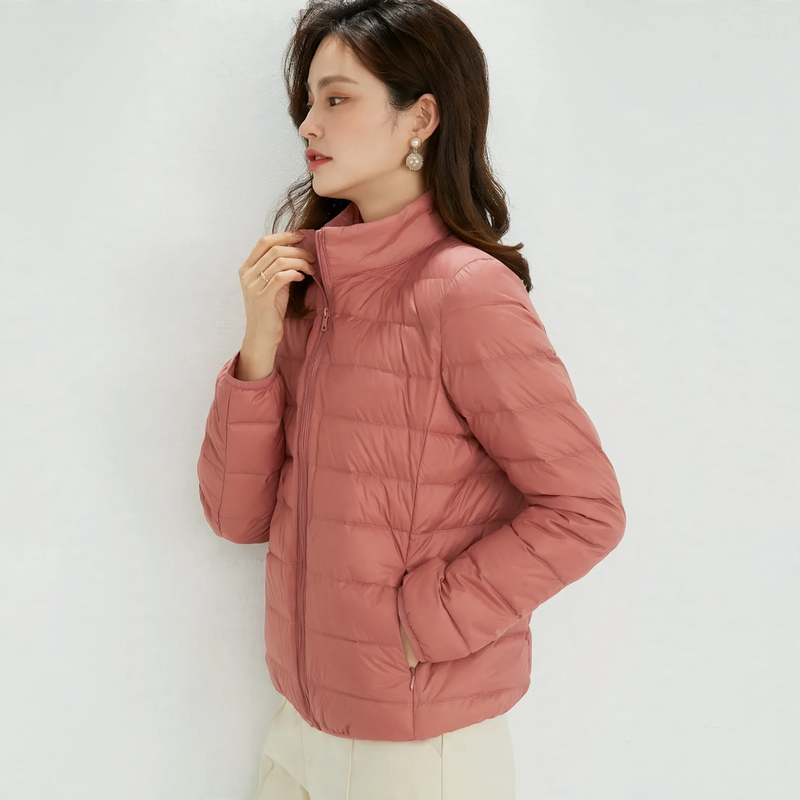 Light women's down jacket with stand-up collar, white duck down