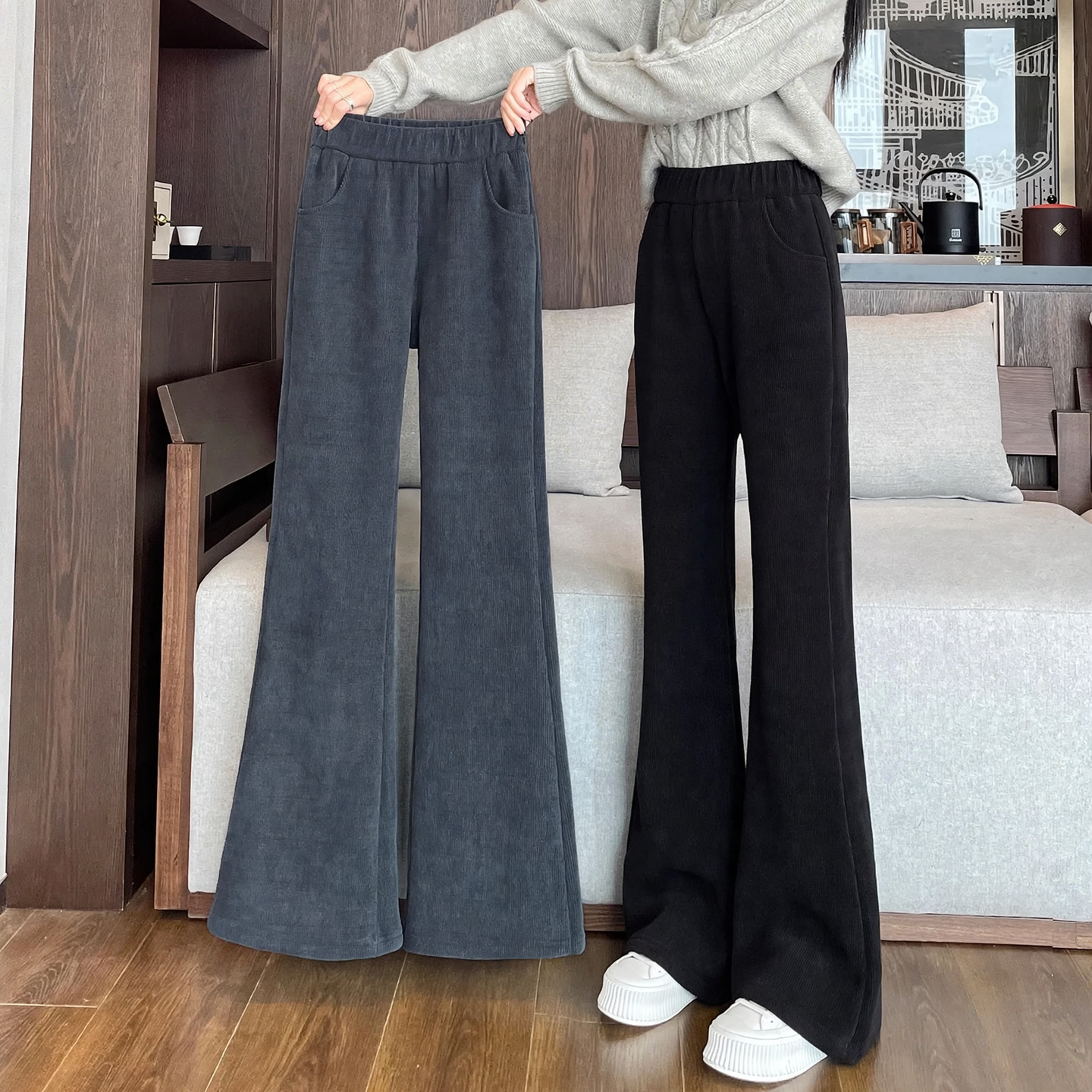 Padded corduroy flared trousers with lamb fleece imitation