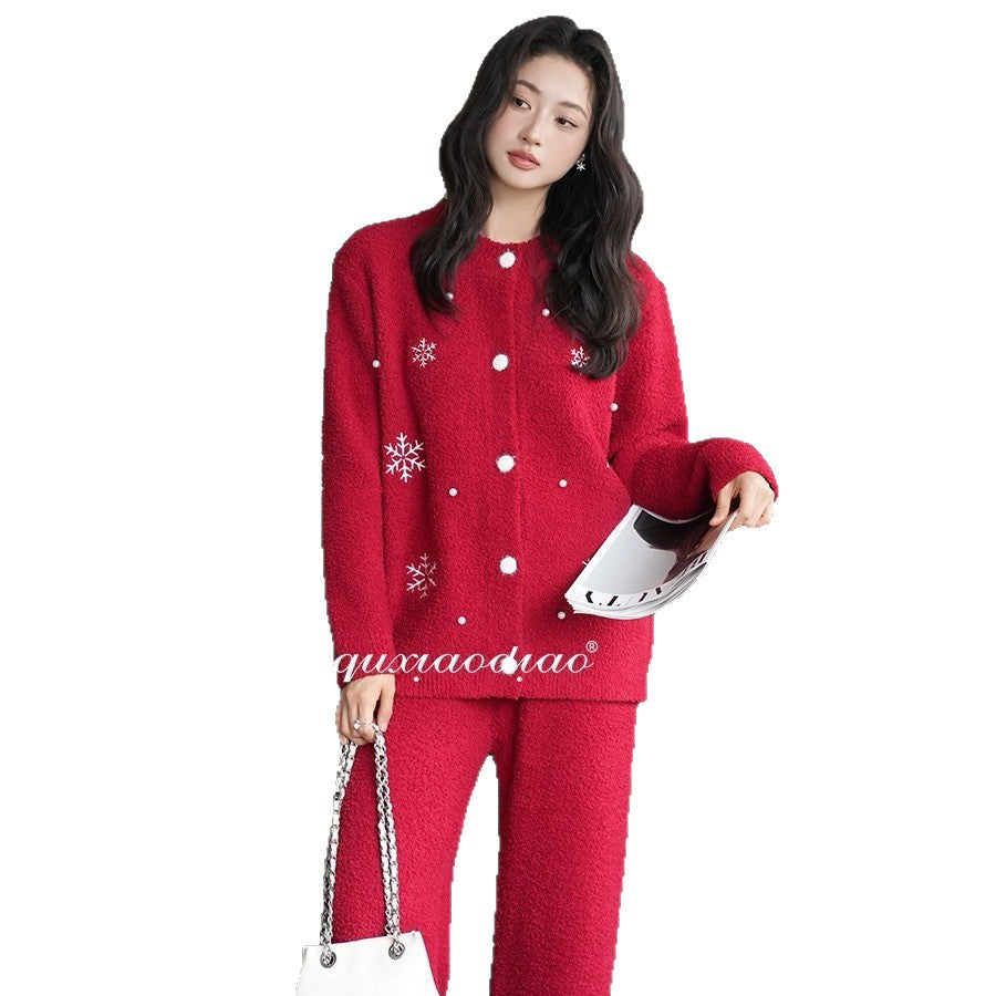 Soft flannel home suit set, red, winter