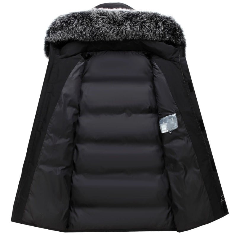 Mid-length men's down jacket with hood and fur collar