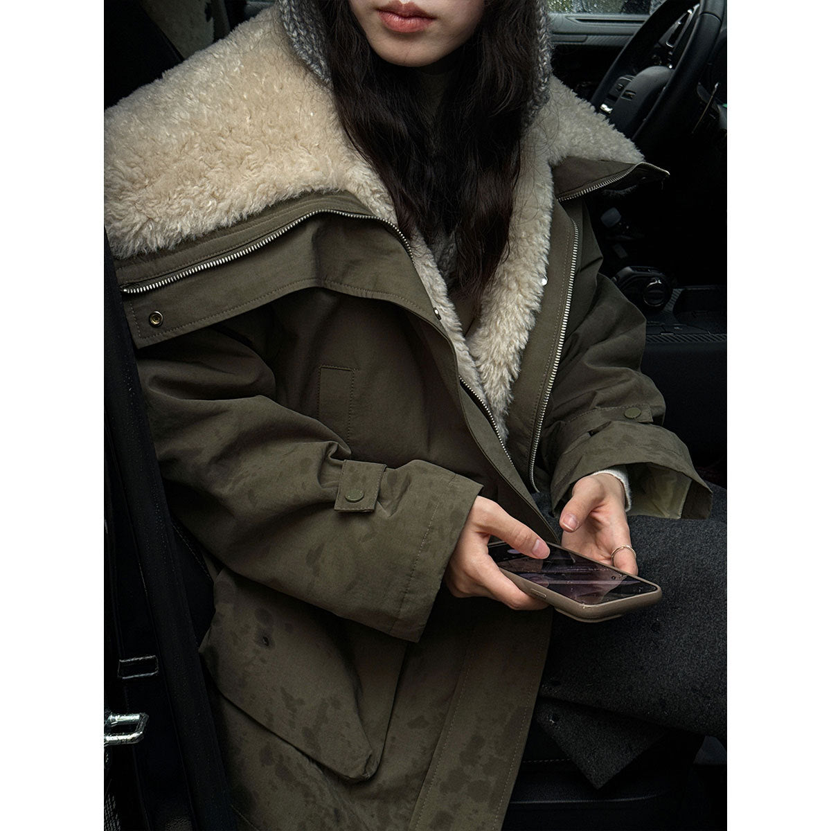 Parka-down jacket with lamb fleece lining
