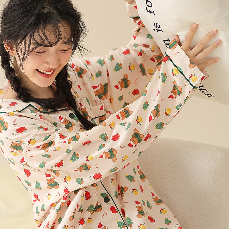 Women's cotton pajamas, long-sleeved, with lapel collar