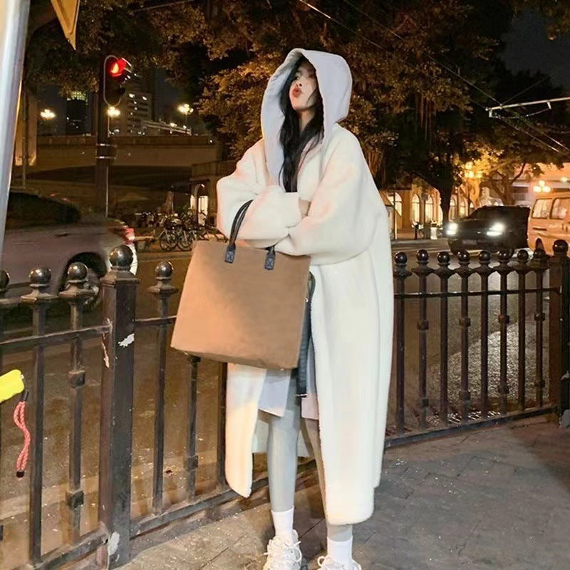 Lamb fleece imitation coat with hood, mid-length, padded