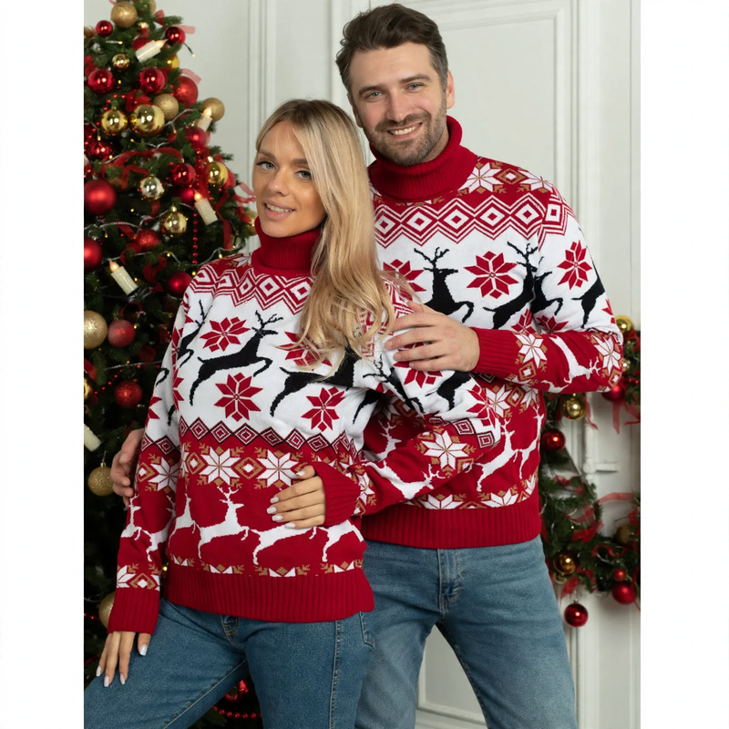 Unisex Christmas sweater with reindeer jacquard and roll neck