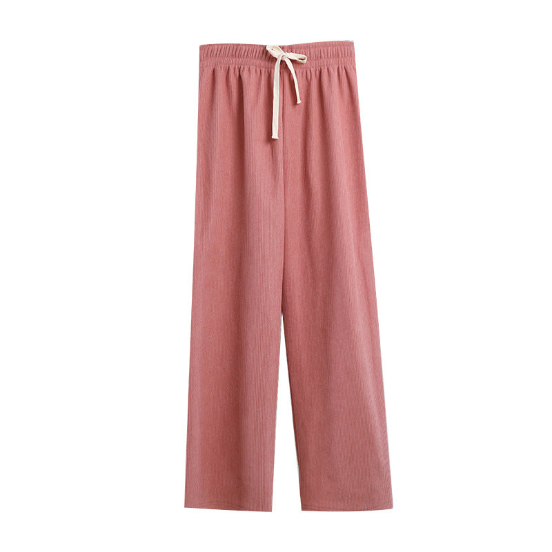 Ladies' corduroy pants with wide legs, high waist, and drawstring