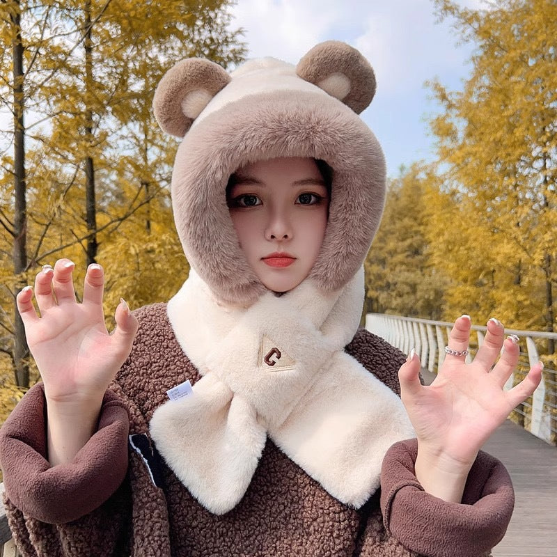 Plush set: Bear hooded hat and scarf