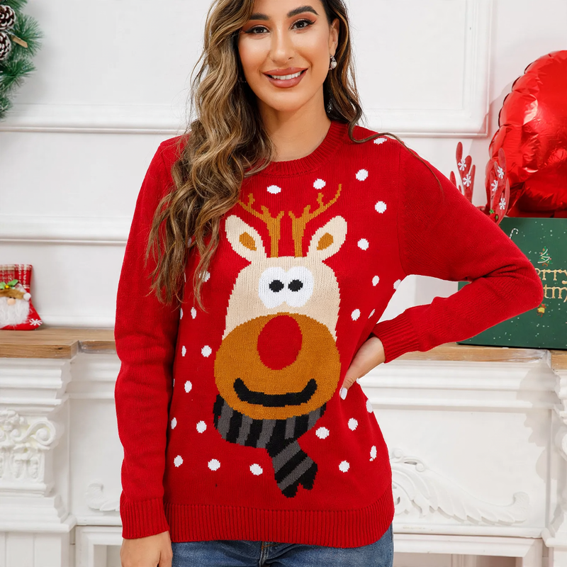 Knit pullover with reindeer jacquard pattern