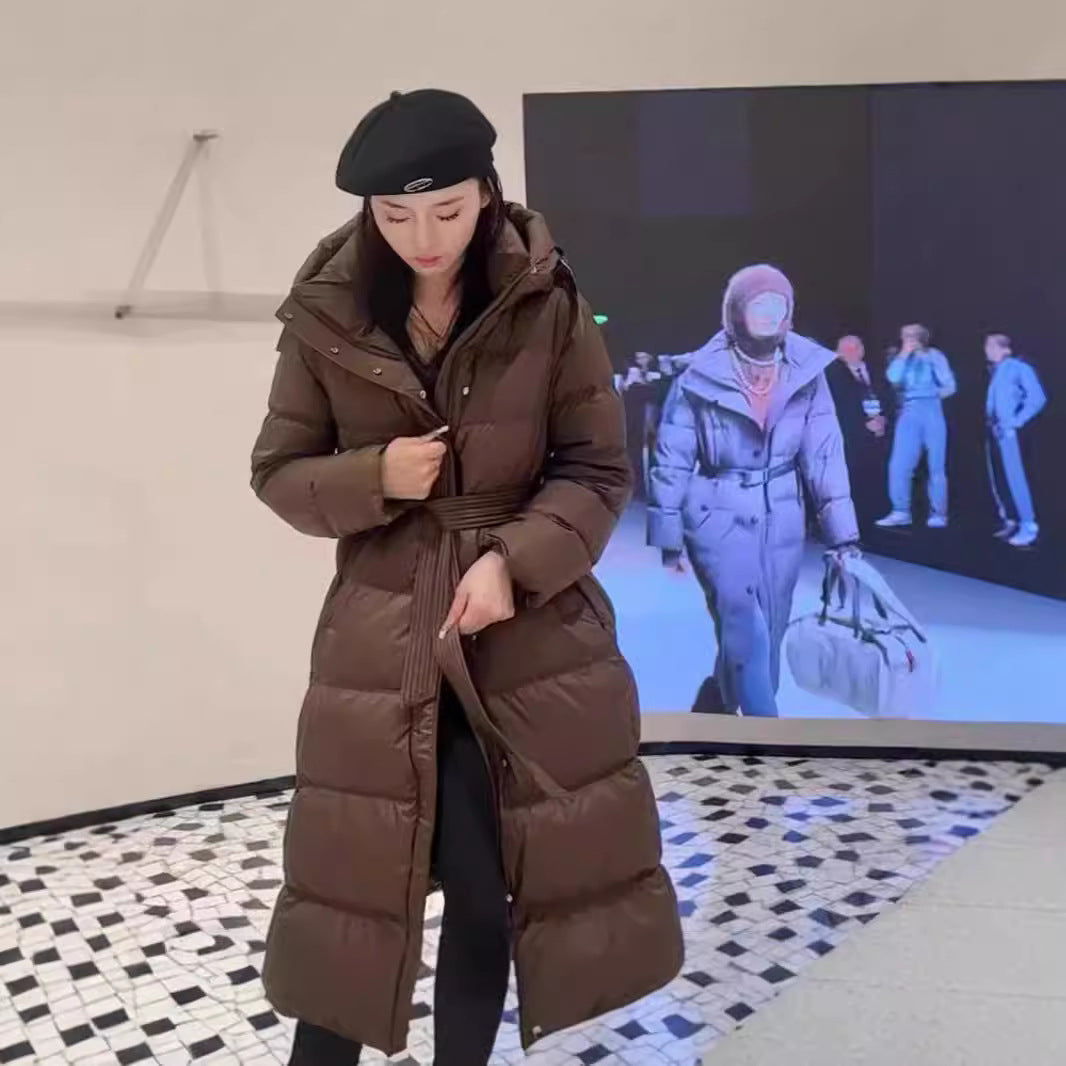 Long down coat with hood, fitted, knee-length