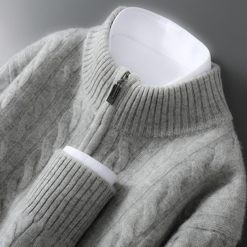 Men's wool sweater, 100% wool, zipper, cable pattern