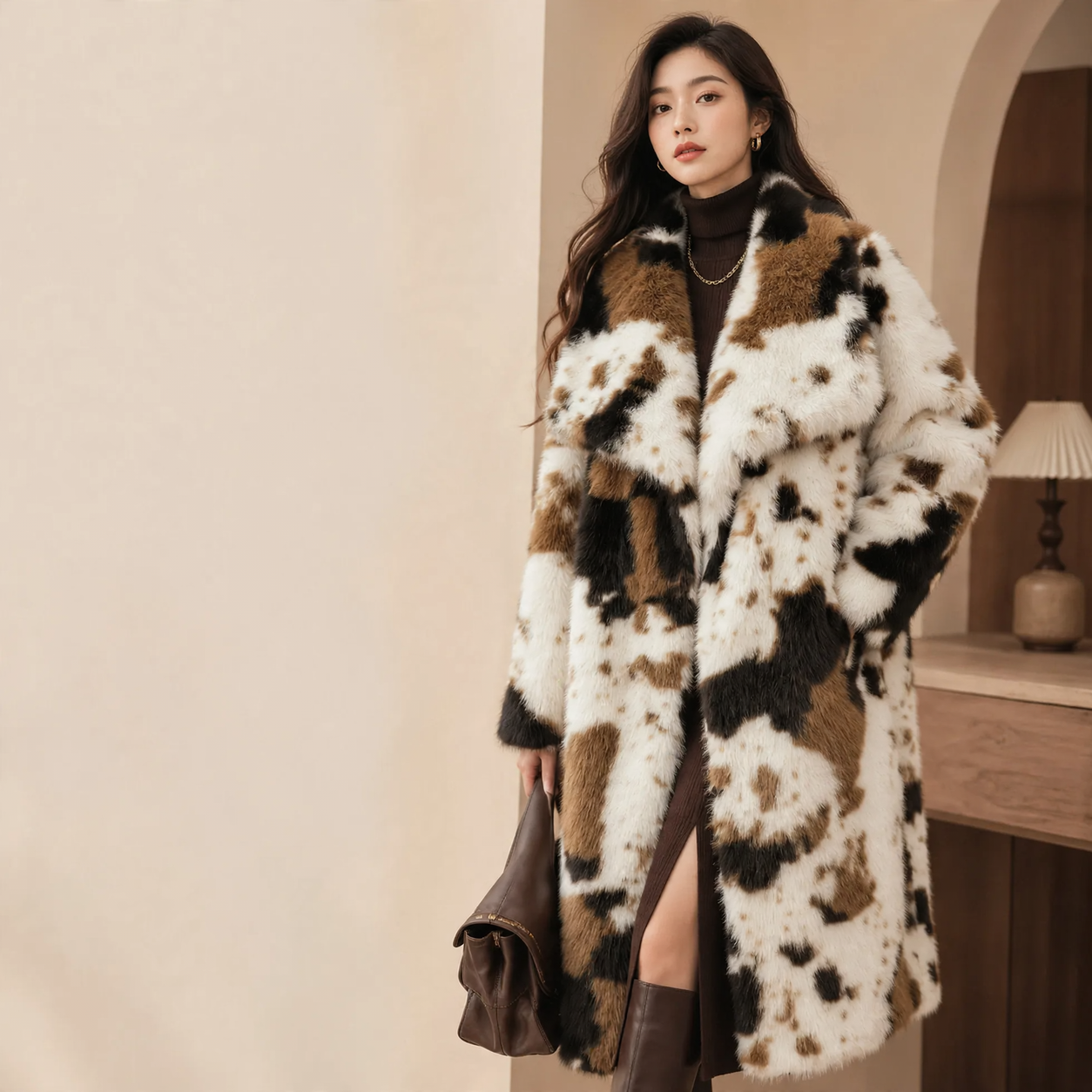 Long faux fur coat with cowhide pattern