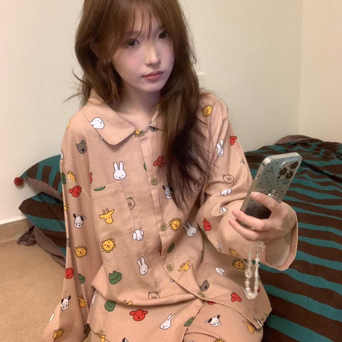Cotton house suit, brushed, long, cartoon design